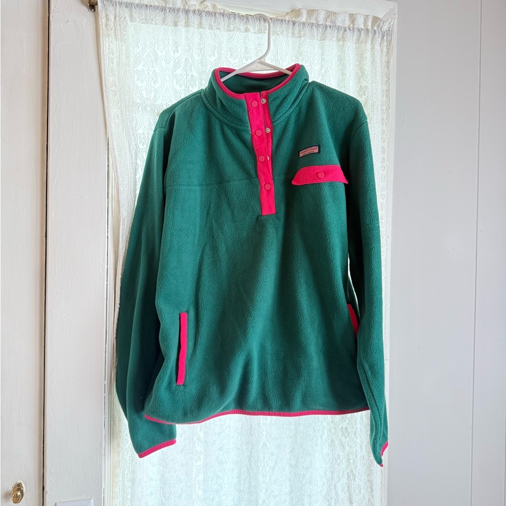 Vineyard Vines Harbor Fleece Snap Placket Pullover in green with hot pink